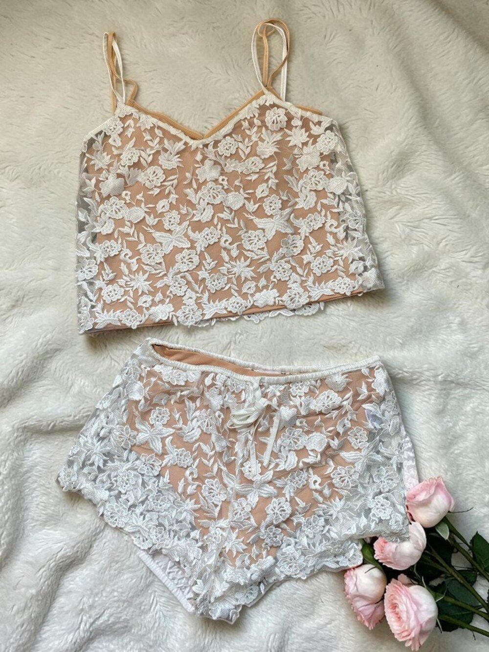 Bridal Lace Lingerie Set White Sheer Floral Cami + Slip Le Rose Stories